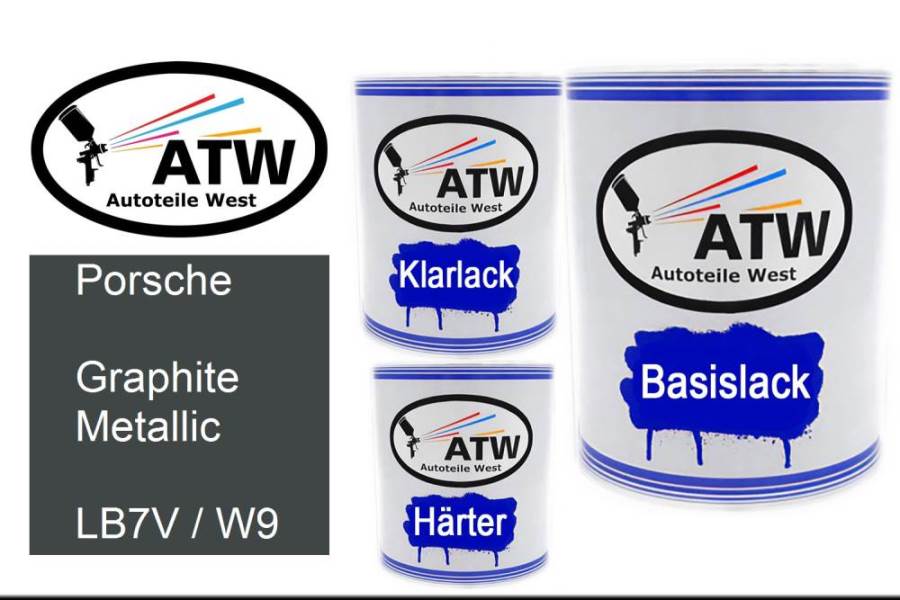 Porsche, Graphite Metallic, LB7V / W9: 1L Lackdose + 1L Klarlack + 500ml Härter - Set, von ATW Autoteile West.